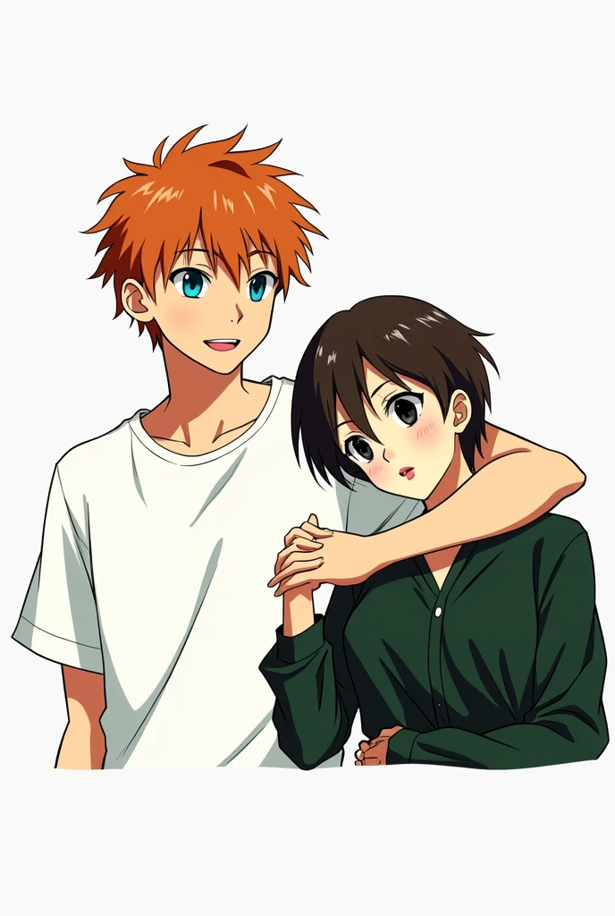Guy with orange hair and blue eyes, white T-shirt, dark gray pants, holding a girl with very short dark brown hair, black eyes, in a dark green shirt and dark brown skirts, anime art, masterpiece, realistic, over-detailed, professional quality