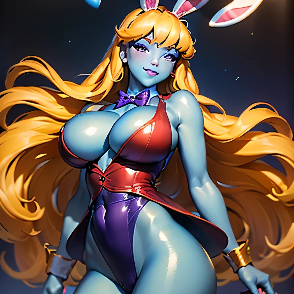  ((masterpiece,best quality,ultra-delicate,Perfect Face,16k,high resolution,very beautiful woman)),(blue skin:1.2,red sleeveless jacket), blue slime body,purple panties,bunny ears,large breasts,purple bowtie,gold long hair,smile,standing