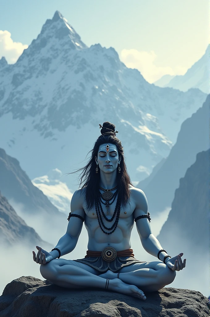 Lord shiva front view doing meditation closeup , Himalaya background