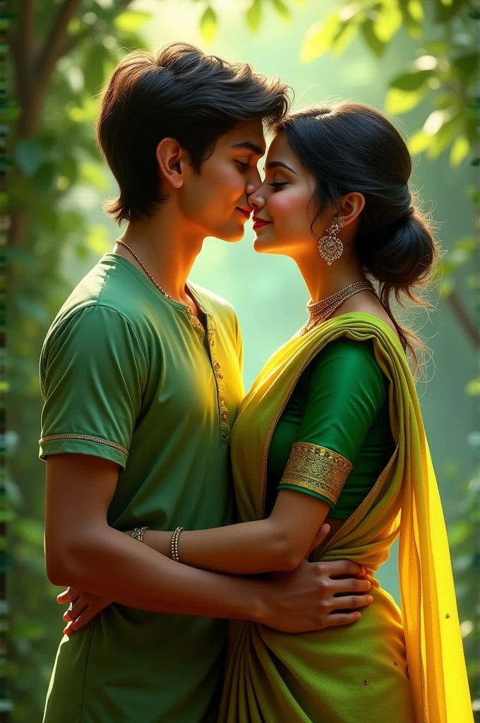 Boy kissing a girl in half saree with green blouse
