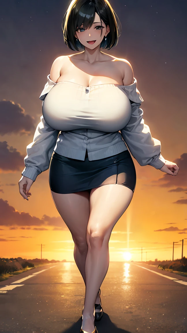 sunset, (looking at viewer:1.8), (mature woman, 45yo:1.5), (gigantic breasts:1.4), (curvy body:1.3).high resolution, extremely detailed CG, unity 8k wallpaper, super detailed skin, perfect anatomy, detailed, cinematic lighting, dynamic lighting, beautiful detailed eyes. (walk:1.5), gigantic breasts.
(off shoulder, mini skirt:1.5),  her hair is short and black、Your smile is wonderful and open mouth. The skin is radiant. 