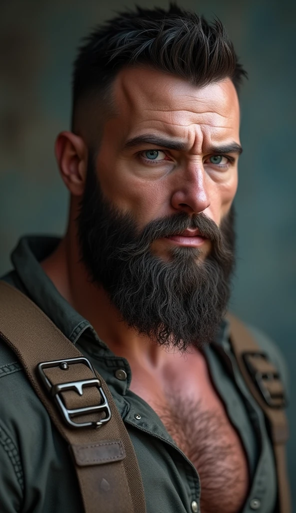 故事中的男性虛構角色 肌肉 鬍子 胸毛 short hair藍眼睛, simple background, High resolution, masterpiece, accurate, Award-winning, best quality, HD model, Ultra HD, Very detailed, Textured skin, short hair, Seven-doppelganger shot, Multi-view, 