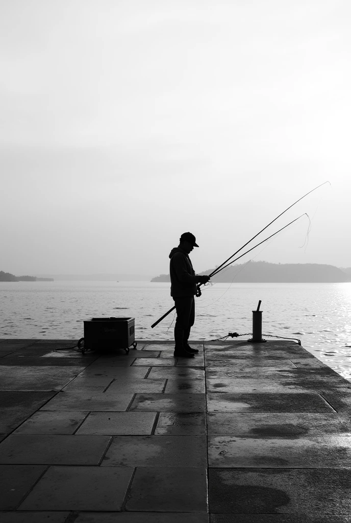 black and white photography: A lonely fisherman on a pier, with a focus on shadows and textures, Capturing the serenity of the moment.