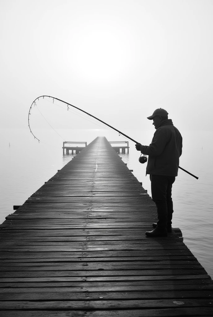 black and white photography: A lonely fisherman on a pier, with a focus on shadows and textures, Capturing the serenity of the moment.