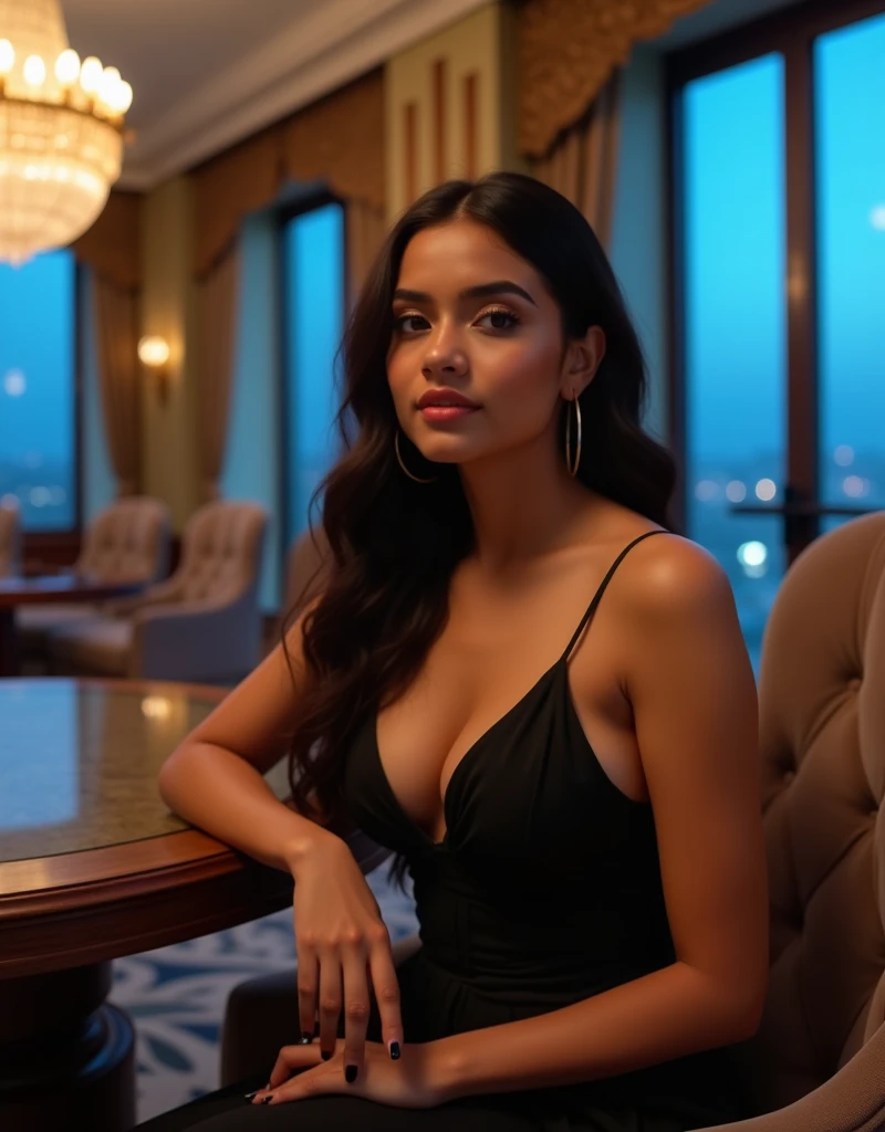 Raw image, (realistic,photorealistic,photo-realistic:1.37),srilankan 25 year old girl, with attractive facial features,beautiful detailed eyes,beautiful detailed lips,extremely detailed eyes and face,longeyelashes, fair skin tone. curvy huge breasts. is seated on a plush chair beside a round, polished table at a prestigious luxury hotel in Colombo. wearing a sophisticated evening dress. The background features grand chandeliers, ornate decor, and large windows offering a glimpse of Colombo's cityscape and blue sky at dusk. with soft lighting casting a warm glow over the scene
