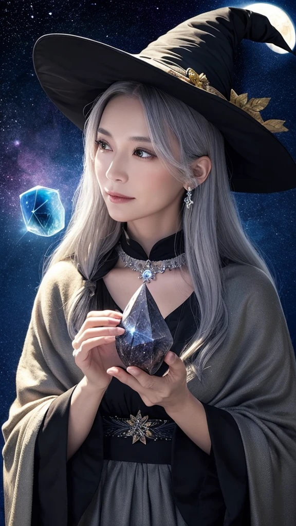 A witch who is one old woman、Hair is gray、Holding a crystal、Face forward、Look forward、Has a crystal、The background is the moon and the starry sky