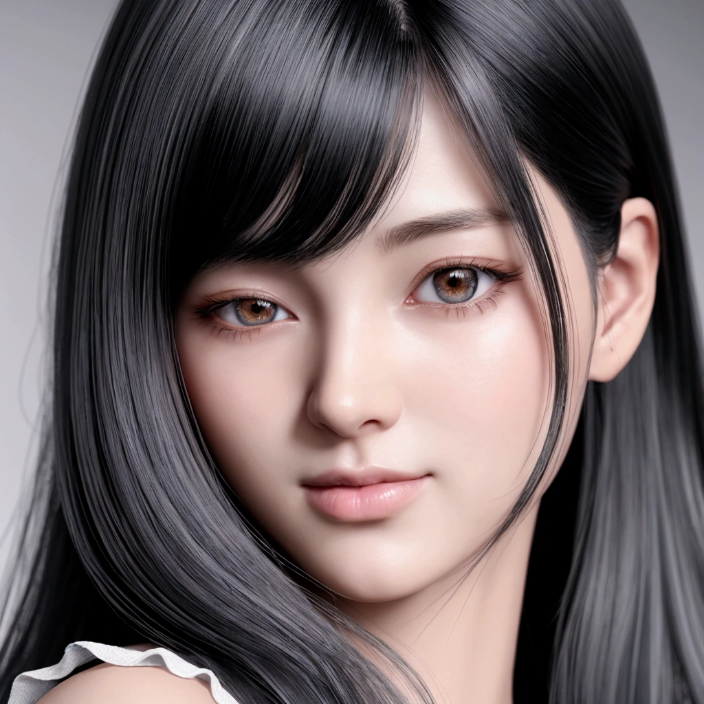 There is a woman with long hair and a white top, 3D Anime Real, Smooth anime CG art, Photorealistic Animation girl render, photoRealistic beautiful face, Realistic Anime 3D Style, Photorealistic Animation, Anime-style 3D, Cute realistic portrait, 3D Animation, Highly detailed facial anime, Beautiful realistic face, Ultra realistic anime, Realistic beautiful face