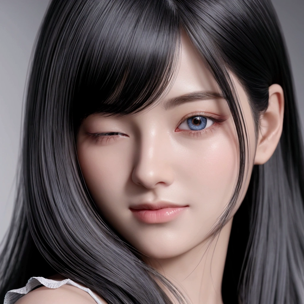 There is a woman with long hair and a white top, 3D Anime Real, Smooth anime CG art, Photorealistic Animation girl render, photoRealistic beautiful face, Realistic Anime 3D Style, Photorealistic Animation, Anime-style 3D, Cute realistic portrait, 3D Animation, Highly detailed facial anime, Beautiful realistic face, Ultra realistic anime, Realistic beautiful face