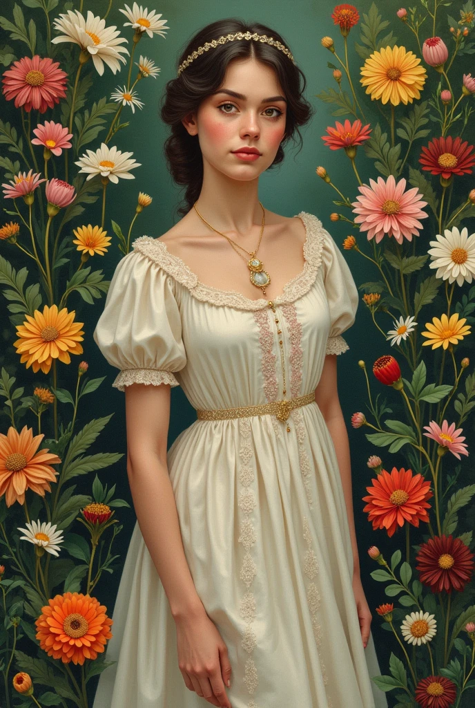 A Portrait of a 24 yo Beautiful Woman [Elizabeth II:Maude Adams:0.45 donning Victorial Casual Dress, she is in her backyard garden with lush vibrant flowers, insanely detailed and intri garden, A Don Lawrence Style Illustration