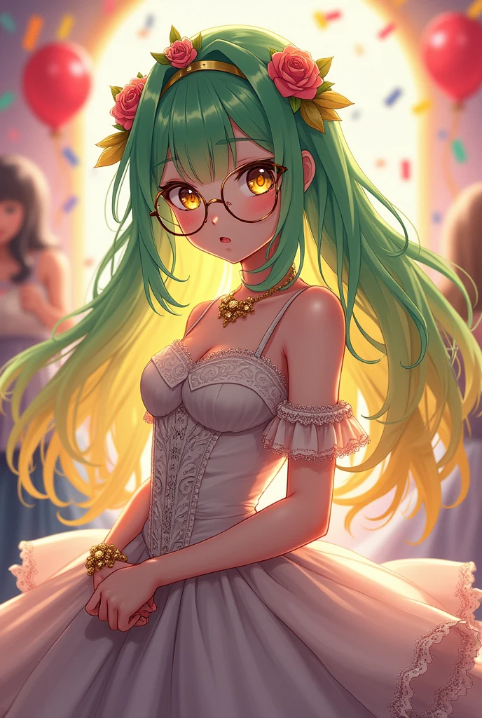 Anime 2d, yellow eyes wear glasses longs Green and yellow Ombre hair type :lefts eyes hiddens, Princess dress costume,  Party 