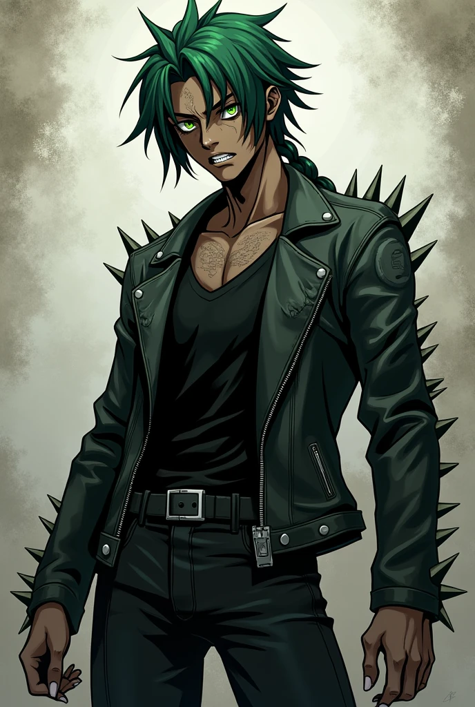 An anime styled black man. He's tall, skinny, has dark green hair with shaved temples, has a long braid behind his back. He has sharp teeth, light green eye, he has a big scar where second eye should be He's styled in metal punk style. Wears a leather coat with spikes, skinny black jeans