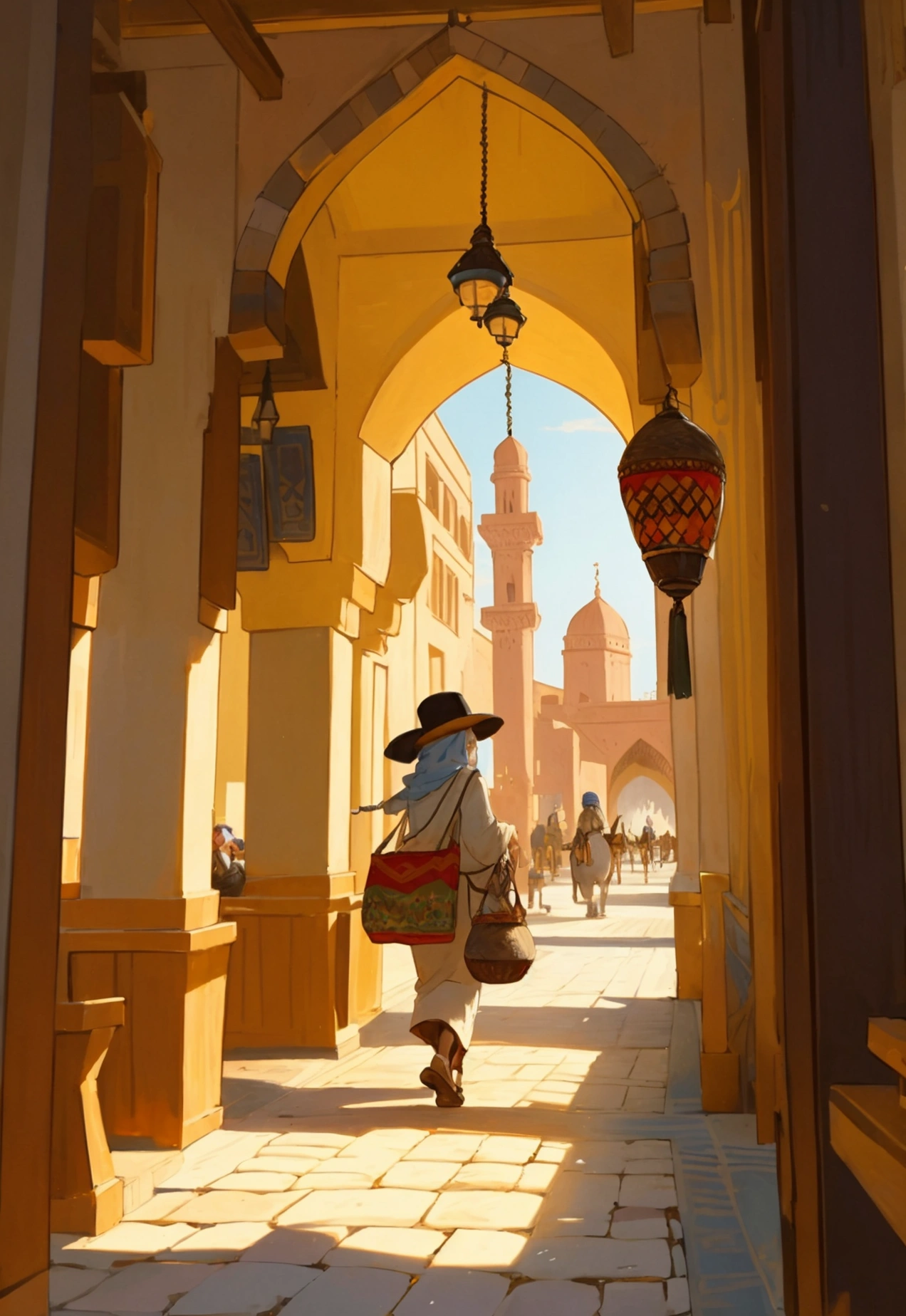 A bustling 19th-century marketplace nestled within the vibrant walls of Marrakech, Morocco. The scene is a kaleidoscope of rich, earthy tones, with the sun casting long shadows across the cobblestone streets. Merchants dressed in traditional djellabas and fez hats display an array of exotic goods, from intricately woven rugs and gleaming brass lanterns to pyramids of spices that release a tantalizing aroma into the air. Donkeys laden with colorful textiles and baskets of fresh produce amble through the lively crowd, which includes locals in deep conversation and European travelers with wide-brimmed hats, clearly captivated by the exotic sights. In the background, the iconic Koutoubia Mosque towers over the cityscape, its minaret a symbol of the region's enduring Islamic heritage. The architecture around the market is a harmonious blend of Moorish arches, intricate mosaics, and carved wooden balconies, offering a glimpse into the storied past of this ancient city. The atmosphere is one of bustling commerce and cultural exchange, with the cacophony of bartering voices and the jingle of coins melding with the distant call to prayer, weaving a tapestry of sounds that resonates through the centuries.