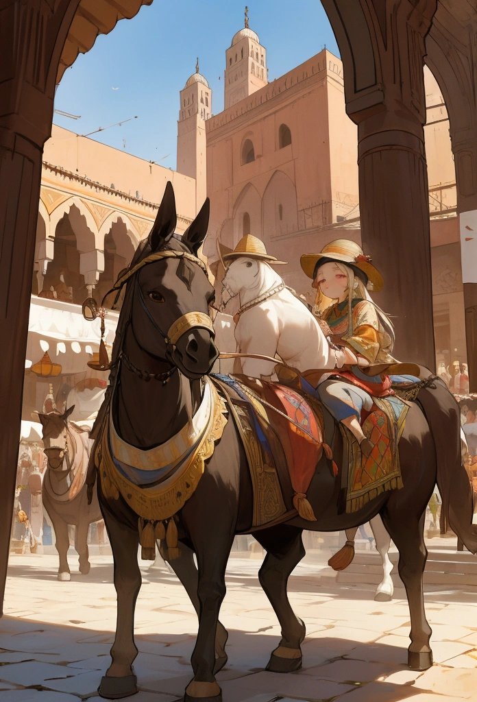 A bustling 19th-century marketplace nestled within the vibrant walls of Marrakech, Morocco. The scene is a kaleidoscope of rich, earthy tones, with the sun casting long shadows across the cobblestone streets. Merchants dressed in traditional djellabas and fez hats display an array of exotic goods, from intricately woven rugs and gleaming brass lanterns to pyramids of spices that release a tantalizing aroma into the air. Donkeys laden with colorful textiles and baskets of fresh produce amble through the lively crowd, which includes locals in deep conversation and European travelers with wide-brimmed hats, clearly captivated by the exotic sights. In the background, the iconic Koutoubia Mosque towers over the cityscape, its minaret a symbol of the region's enduring Islamic heritage. The architecture around the market is a harmonious blend of Moorish arches, intricate mosaics, and carved wooden balconies, offering a glimpse into the storied past of this ancient city. The atmosphere is one of bustling commerce and cultural exchange, with the cacophony of bartering voices and the jingle of coins melding with the distant call to prayer, weaving a tapestry of sounds that resonates through the centuries.