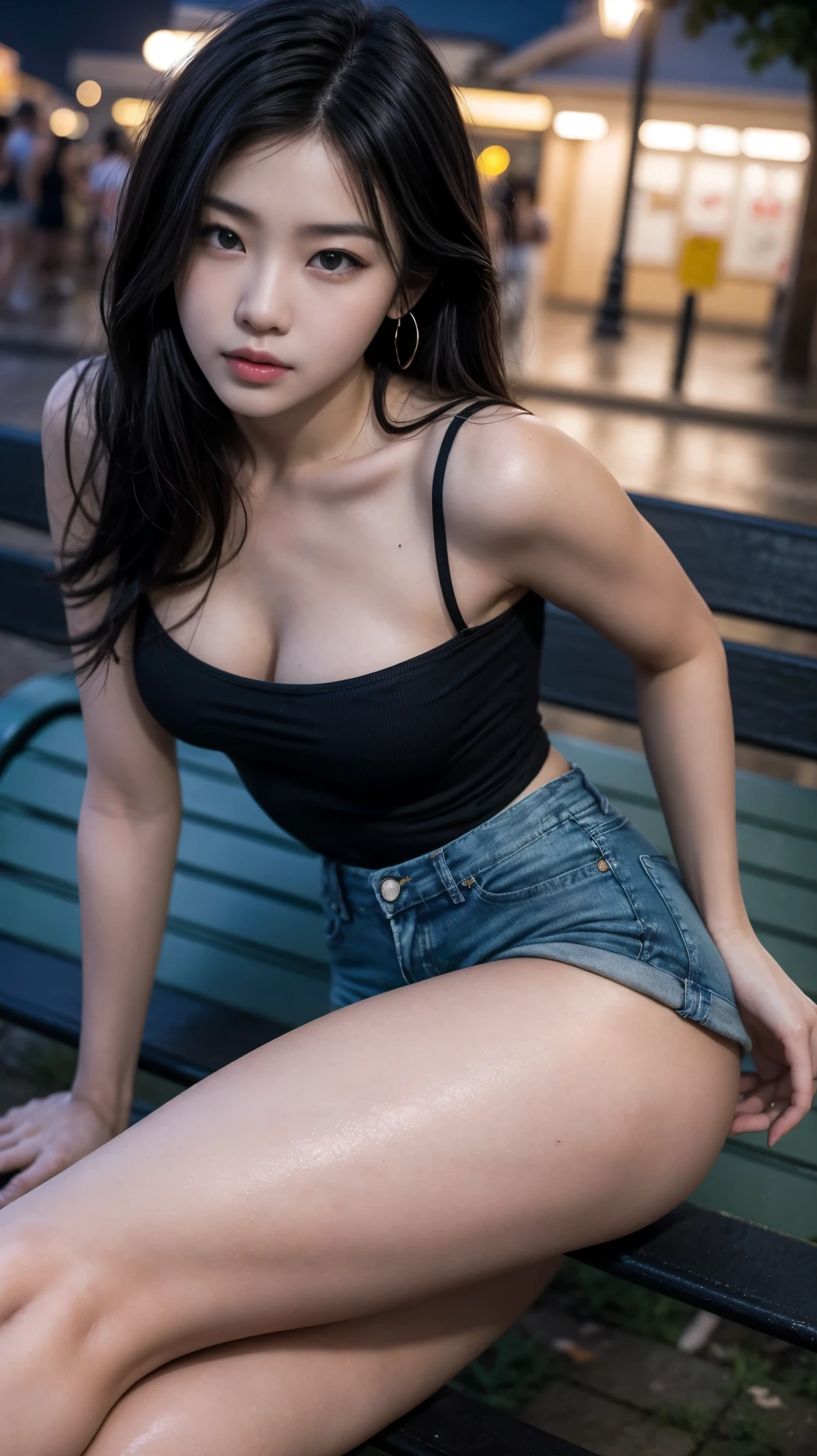 Young and attractive sexy Korean woman, 1, cute baby face, (panties,small tight jeans shorts:1.2), big bust, bright black hair, long hair, earring, (Sit on a bench in a public street at night), (From head to skirt) ,8k, RAW photos, best quality, masterpiece,best quality, Tube top, sexy look