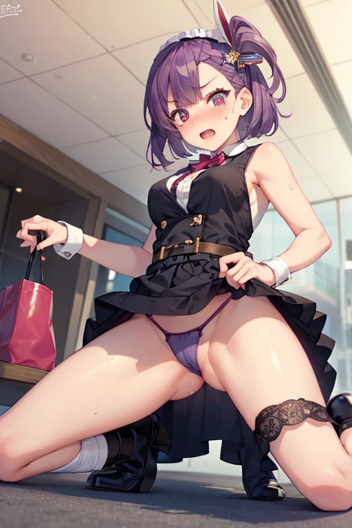 (masterpiece), best quality, expressive eyes, perfect face,nsfw:1.4,full body,handcuffs,sweat,embarrassed,public indecency,angry:1.1,clenched teeth,from below,dashed eyes:1.1,open stance:1.2,maid,sex toy dildo:1.1,panties,female masturbation:1.3