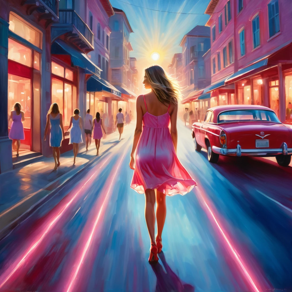 A vision flow of a beautiful woman walking down a night street, her pink sundress and faded blue panties illuminated by the sun, a red car passing in the background, and a world of shimmering light.