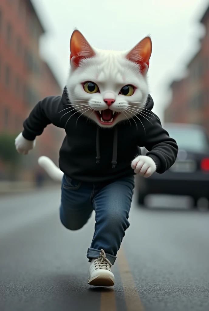 tall white cat dressed in black hoodie and black jeans with desperate look running behind a black car 