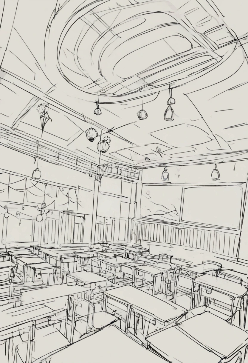 classroom with festival decorations,line art,no humans,whole interior of classroom,no colors,sketch.
