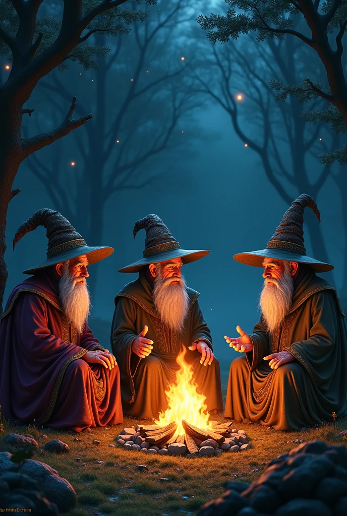 three wizards in a fantasy world seated around a bonfire in night time having a chat