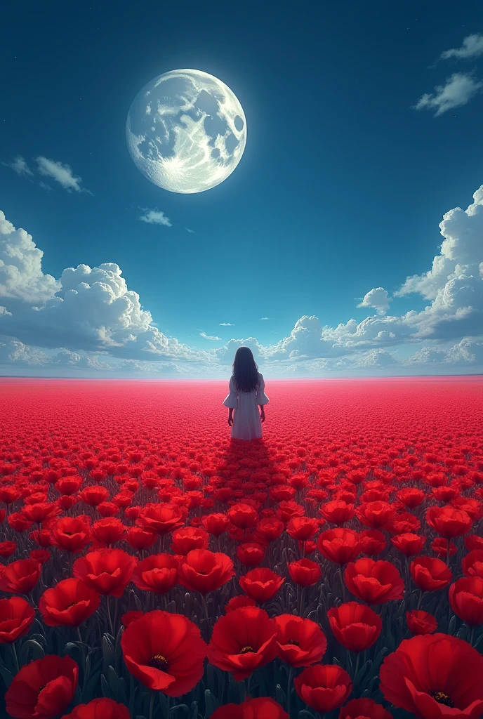 Fields of red flowers with a moon in the middle approaching the ground and a blue sky