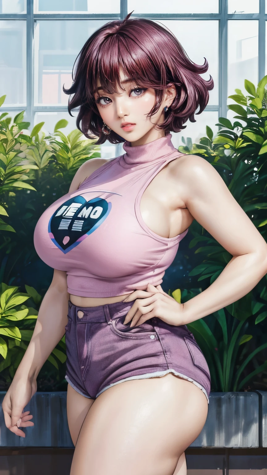 ((Masterpiece:1.5, best quality)), ((Mina Ashido from My Hero Academia)), beautiful face, (voluptuous), large_breast, ample hips, flaunting her incredibly detailed accentuated big booty, wearing cropped t-shirt and daisy dukes, thick_thighs, breathtaking detail, RAW photo color, cinematic lighting, 8k uhd, dslr,