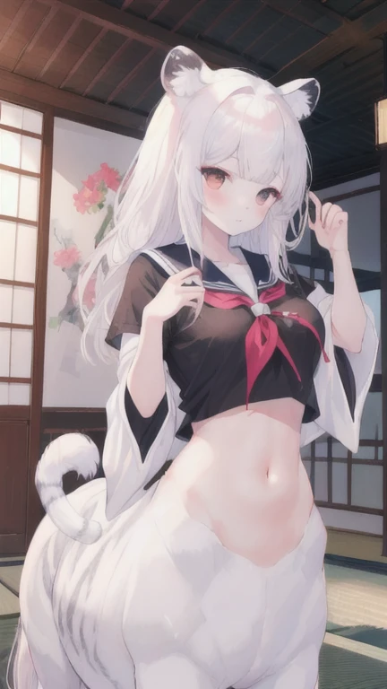 (best quality, masterpiece), 1 girl, centaur, I beg, White skin, Japanese schoolgirl,daughter,black pink, exposing the abdomen, belly button t-shirt , beautiful girl perfect, White tiger photo, 완벽한 White tiger photo