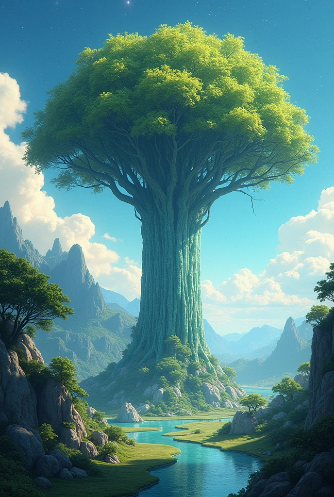 Illustration of hyper-realism , in another way, The ultrasky scene features a giant full-size crystal tree.,The light is very subtle and wonderful., Complex forest details, Surrounding vegetation and rivers, Solarpunk ,terrain, Giant Tree, The leaves are beautiful with beautiful lighting and realistic proportions., It's like a movie theater backdrop., 8ก, Highest quality, Masterpiece, Clouds and stars in the sky.