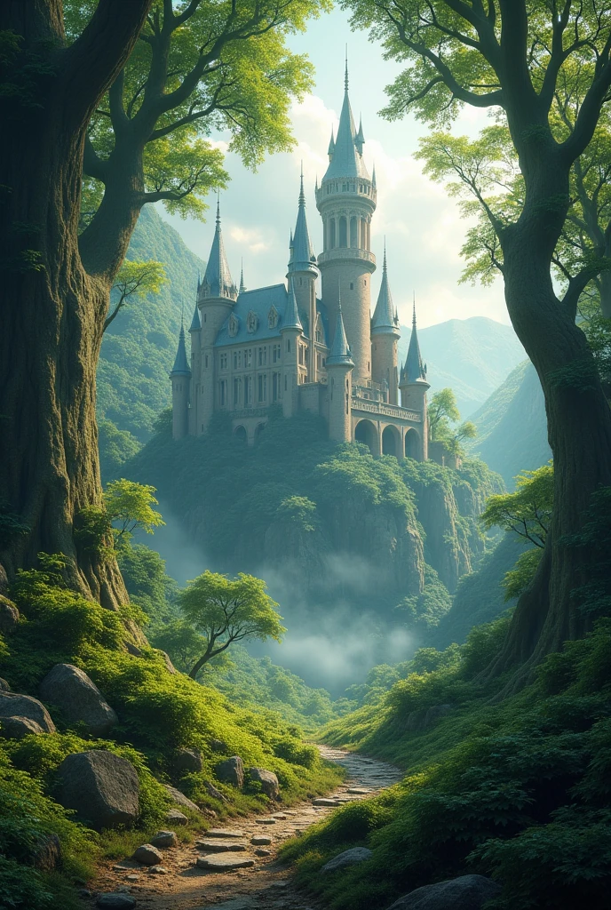 Fantastic landscape of a forest with a castle