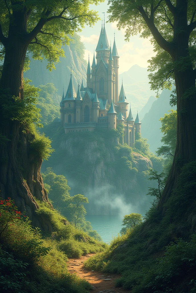 Fantastic landscape of a forest with a castle