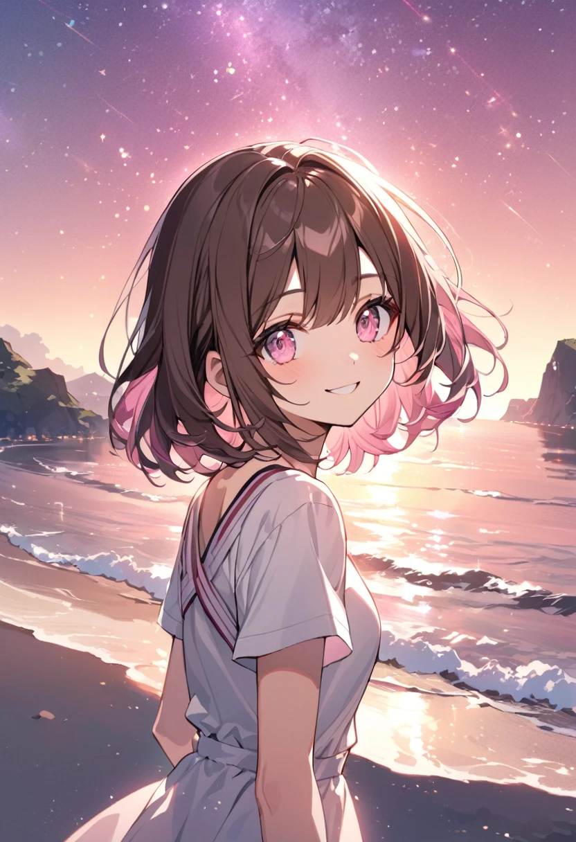 good looking, alone, 1 female, Medium Hair, Brown Hair, Pink highlights on the tips, Pale pink eyes,Smile Facial,Pink starry sky,Short sleeve,Sandy Beach