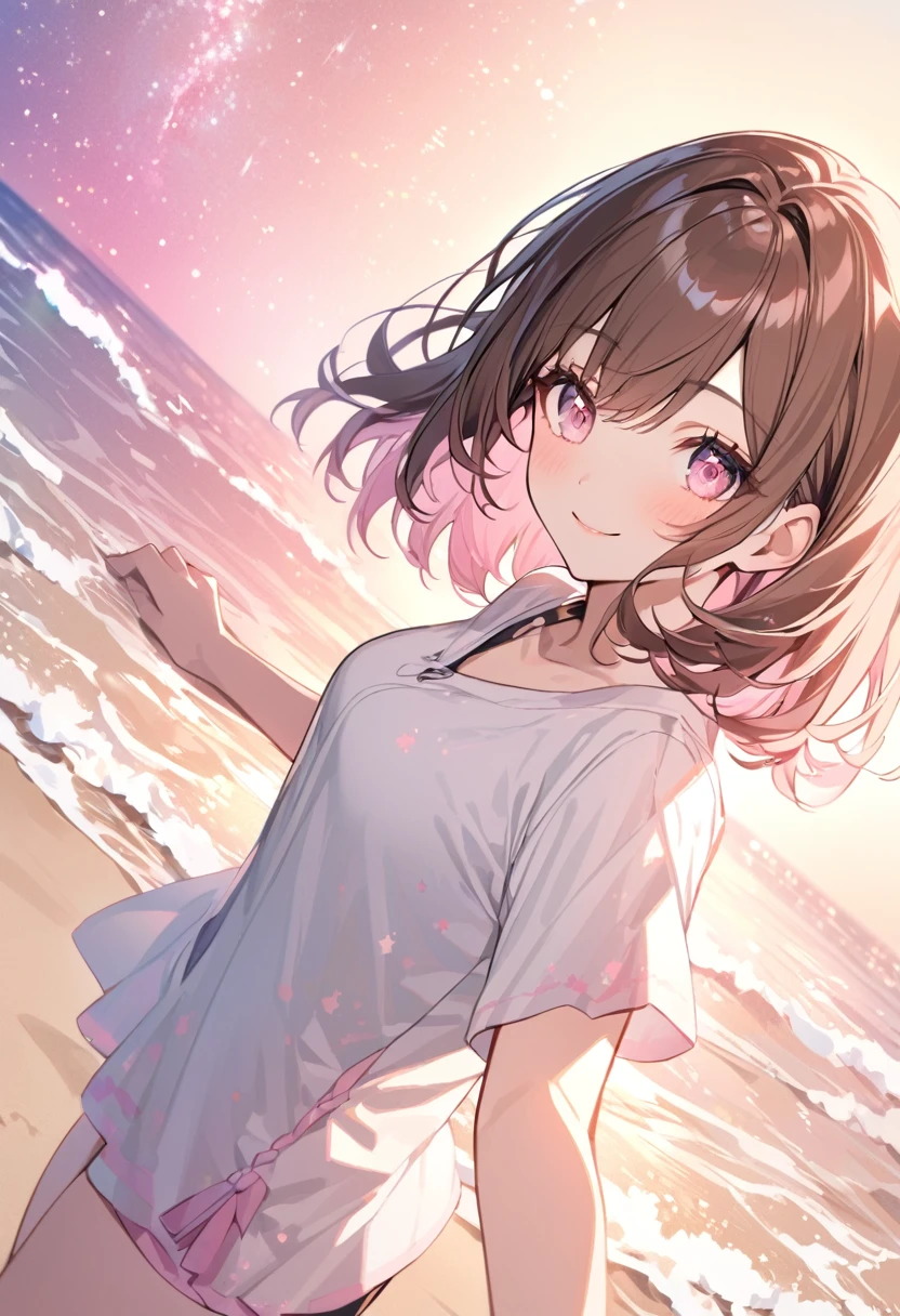 good looking, alone, 1 female, Medium Hair, Brown Hair, Pink highlights on the tips, Pale pink eyes,Smile Facial,Pink starry sky,Short sleeve,Sandy Beach