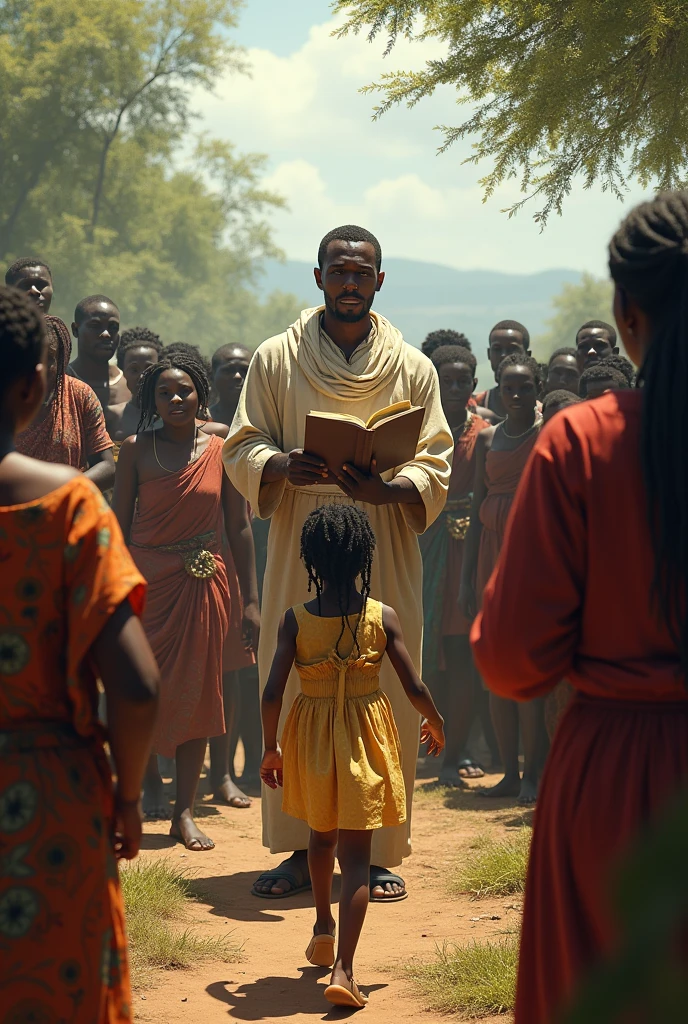 "Amidst a group of African people, while a man from England is preaching with a Bible in his hand, a young girl among the Africans runs away."
