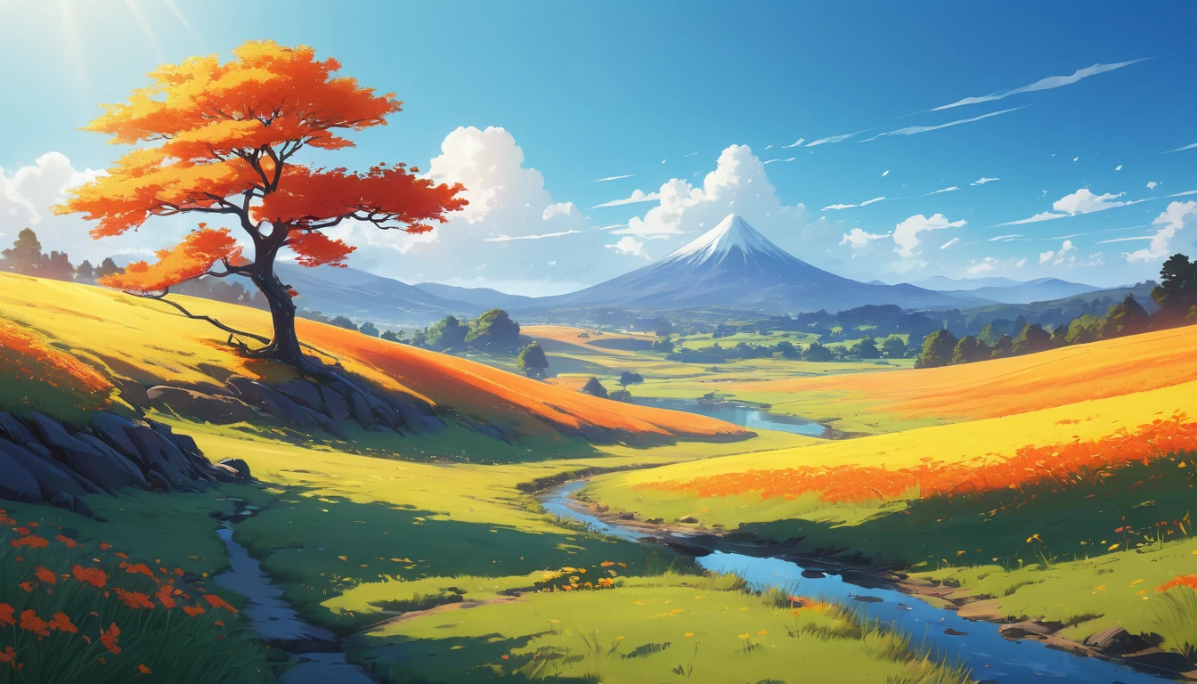 (anime, Fantasy, Land of Tar), (Highest quality, High resolution, Depth of field, High resolution:1.2), Vibrant colors, Rounded. highlight. heatwave. Smooth. fluid. Cold air. Wind. sweet. For days. Crackling. strengthened. Glaze. Low contrast. 2D. Between. Simple. No frills. Minimalist