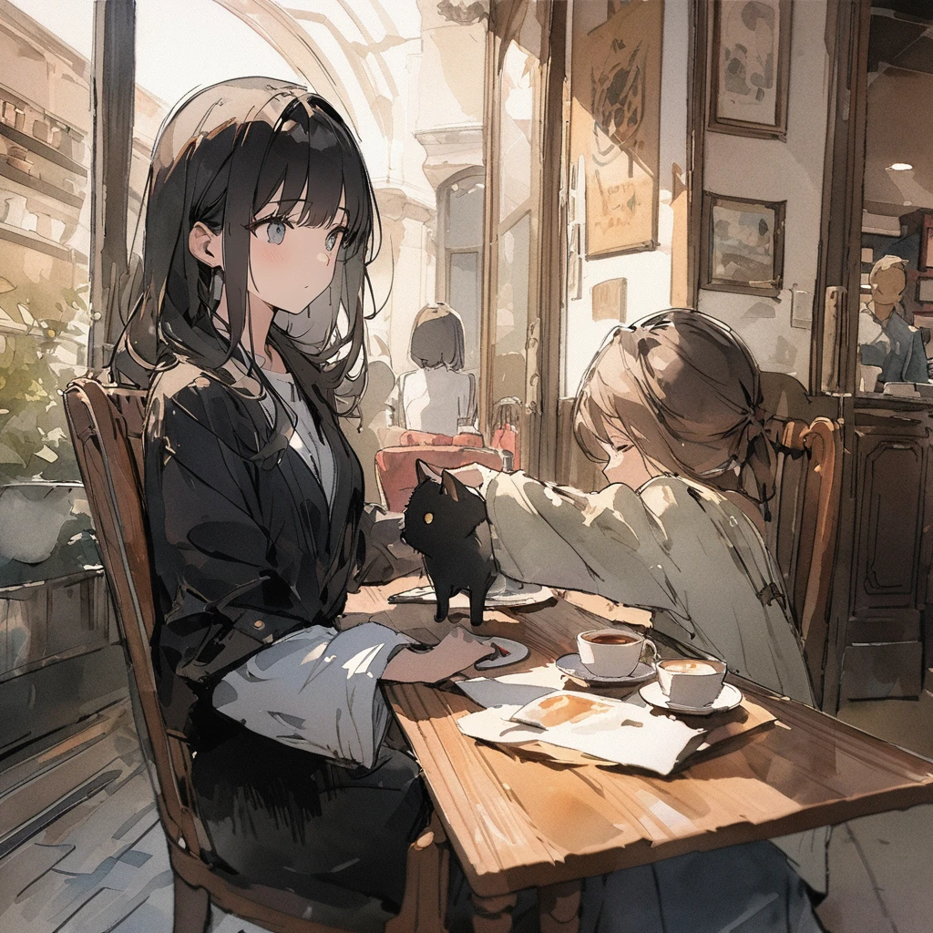 masterpiece,最high quality,Very detailed,High resolution backgrounds,8k,there is nothing,high quality,break,japanese manga style, sketch, Watercolor Colors,Cafe with a nice atmosphere,antique interior,Stylish interior,slowly,relax,coffee, A young man is sitting on a chair、1people、Get closer to your subject、Black Hair、Holding a black kitten