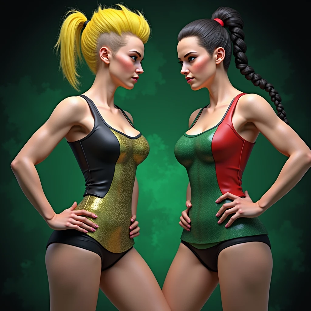 two young ladies,displaying their own power.((one is brutally cunning and the other is cunningly brutal)).((rude,brutal,strenght,badass,boss,ugly,primordial)),((green,yellow, black, red)),(( Full figure wiew)). ((Three quarter wiew)),((deep wiew)),modern suburbs scenario background,photographic,ultra high resolution,hyperdetailed, masterpiece, 3d modelling, digital art.