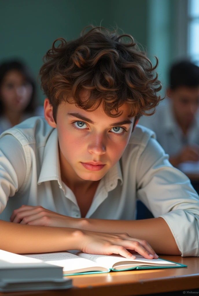 make me a picture of an 18 year old boy with short brown curly hair, has blue eyes who is studying in class wearing a white shirt