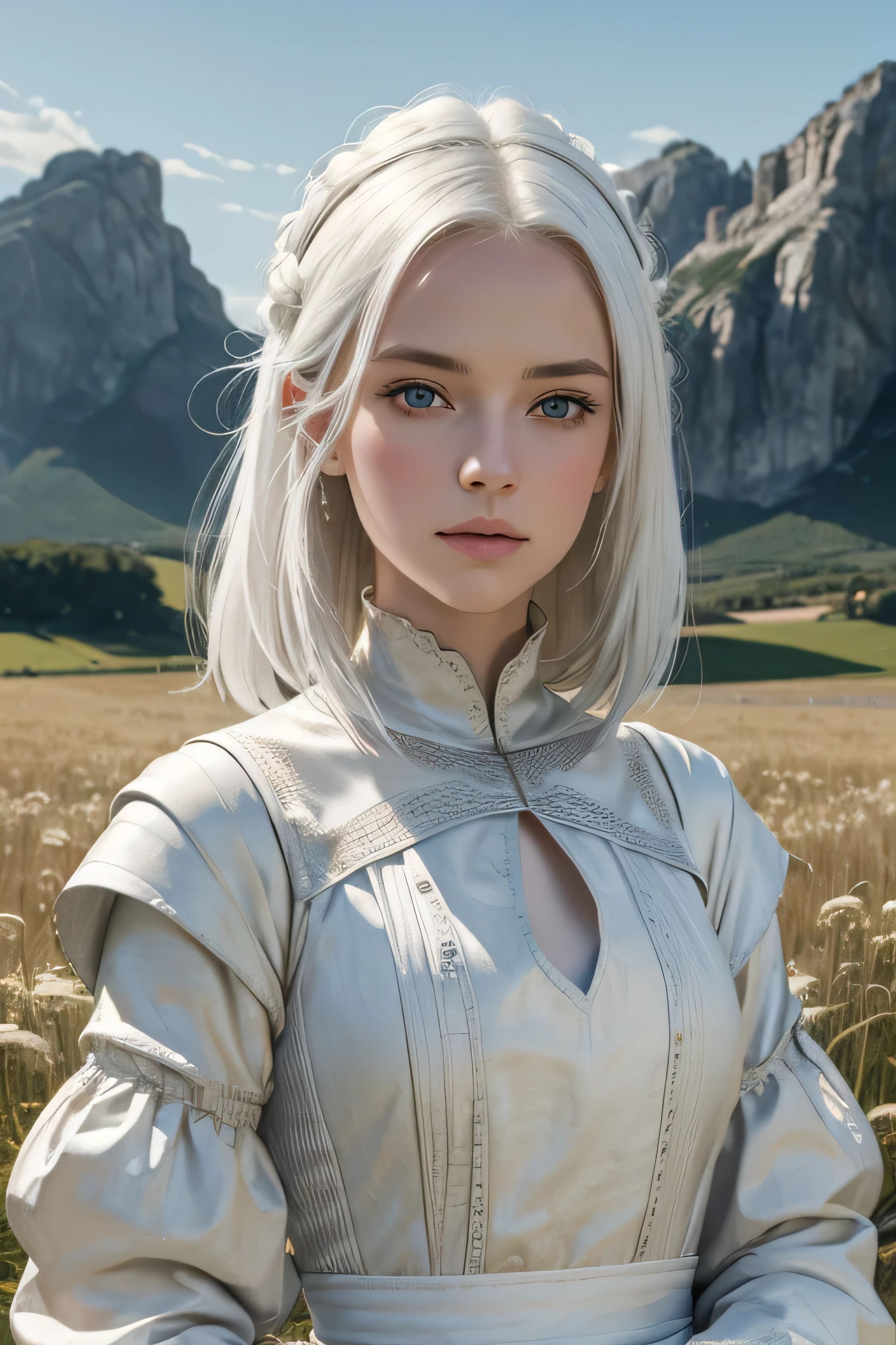 1 medival woman, shoulder length white hair, 2, wearing plain cloths, open field background, absurdres, high res, ultrasharp, 8K, masterpiece, the image should be of absurd resolution and high detail. It should be ultra-sharp and available in 8K resolution, representing a masterpiece in image quality.