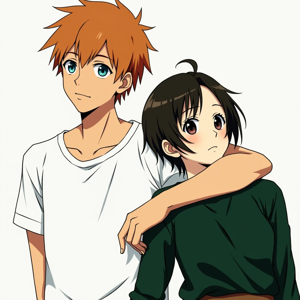 Guy with orange hair and blue eyes, white T-shirt, dark gray pants, holding a girl with very short dark brown hair, black eyes, in a dark green shirt and dark brown skirts, anime art, masterpiece, realistic, over-detailed, professional quality