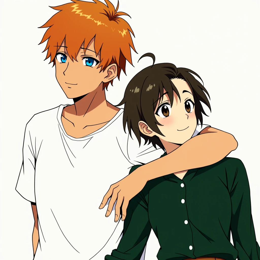 Guy with orange hair and blue eyes, white T-shirt, dark gray pants, holding a girl with very short dark brown hair, black eyes, in a dark green shirt and dark brown skirts, anime art, masterpiece, realistic, over-detailed, professional quality