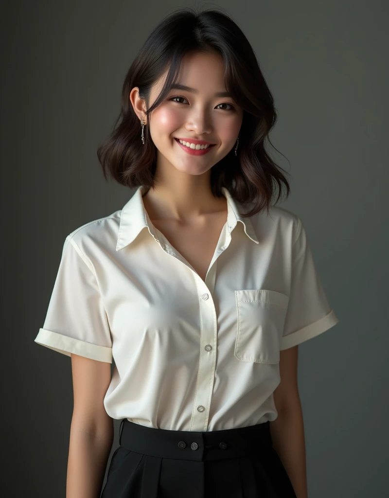 Thai girl beautiful she has dimples Hair style Shoulder length twinkle in her eyes  wearing a white short-sleeved shirt, a black short skirt, standing and posing in studio Three-Point Lighting high resolution Realistic image