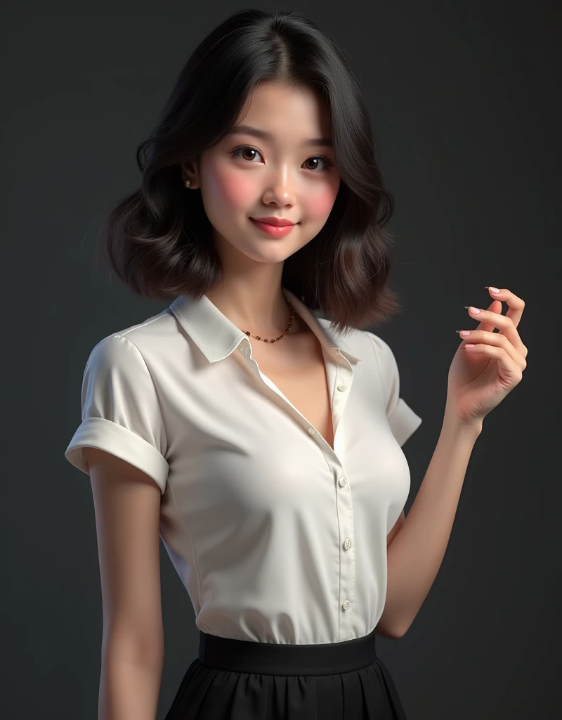 Thai girl beautiful she has dimples Hair style Shoulder length twinkle in her eyes  wearing a white short-sleeved shirt, a black short skirt, standing and posing in studio Three-Point Lighting high resolution Realistic image
