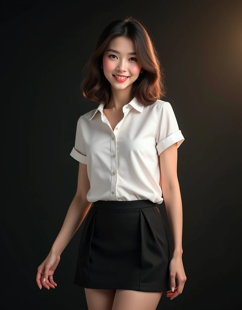 Thai girl beautiful she has dimples Hair style Shoulder length twinkle in her eyes  wearing a white short-sleeved shirt, a black short skirt, standing and posing in studio Three-Point Lighting high resolution Realistic image