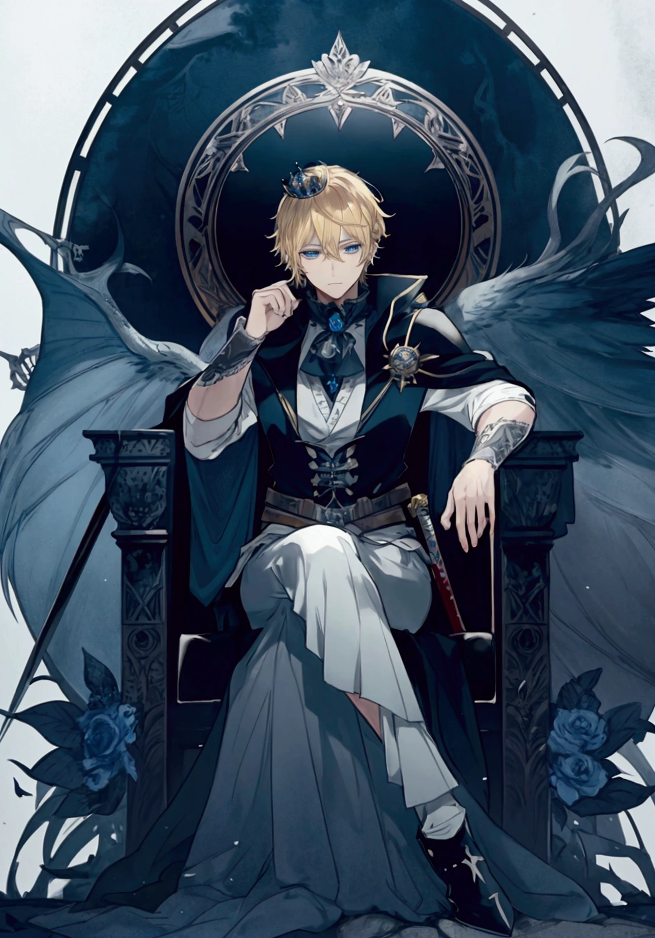 (Masterpiece), ((Highest Quality)),(Official Art),Dark european fantasy:1.2),(1 solo male anime king: 1.3), A mysterious king with short yellow-blonde hair, blue eyes, intricate white-gold cape, wearing a large royal crown. He wields a large sword in a dark throne of ice. Overcast nighttime. Dark bluish lighting. Low brightness. Angle from below (close). Detailed drawing. Detailed eyes. Masculine jaws. Soft fairytale picture, Arthur Rackham. Colorful, best detailed ((super detailed)), (highly detailed 2D anime king illustration), ((dark and beautiful))