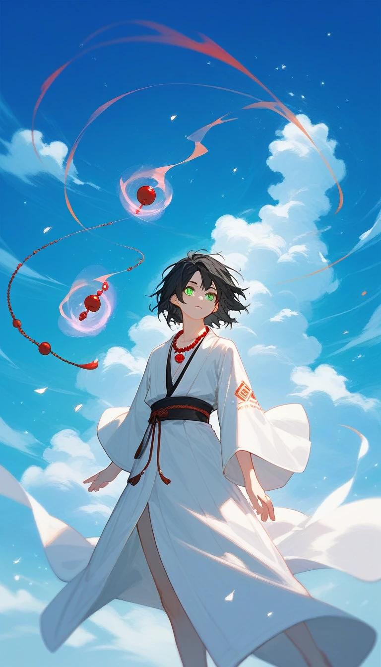 score_9_up,score_8_up,1boy, Black Hair, green eyes, medium hair, bangs, (forehead:0.6), wind, white kimono, high nexk halter top, red beads, ((necklace)), clouds, outdoors, (((magic)))
