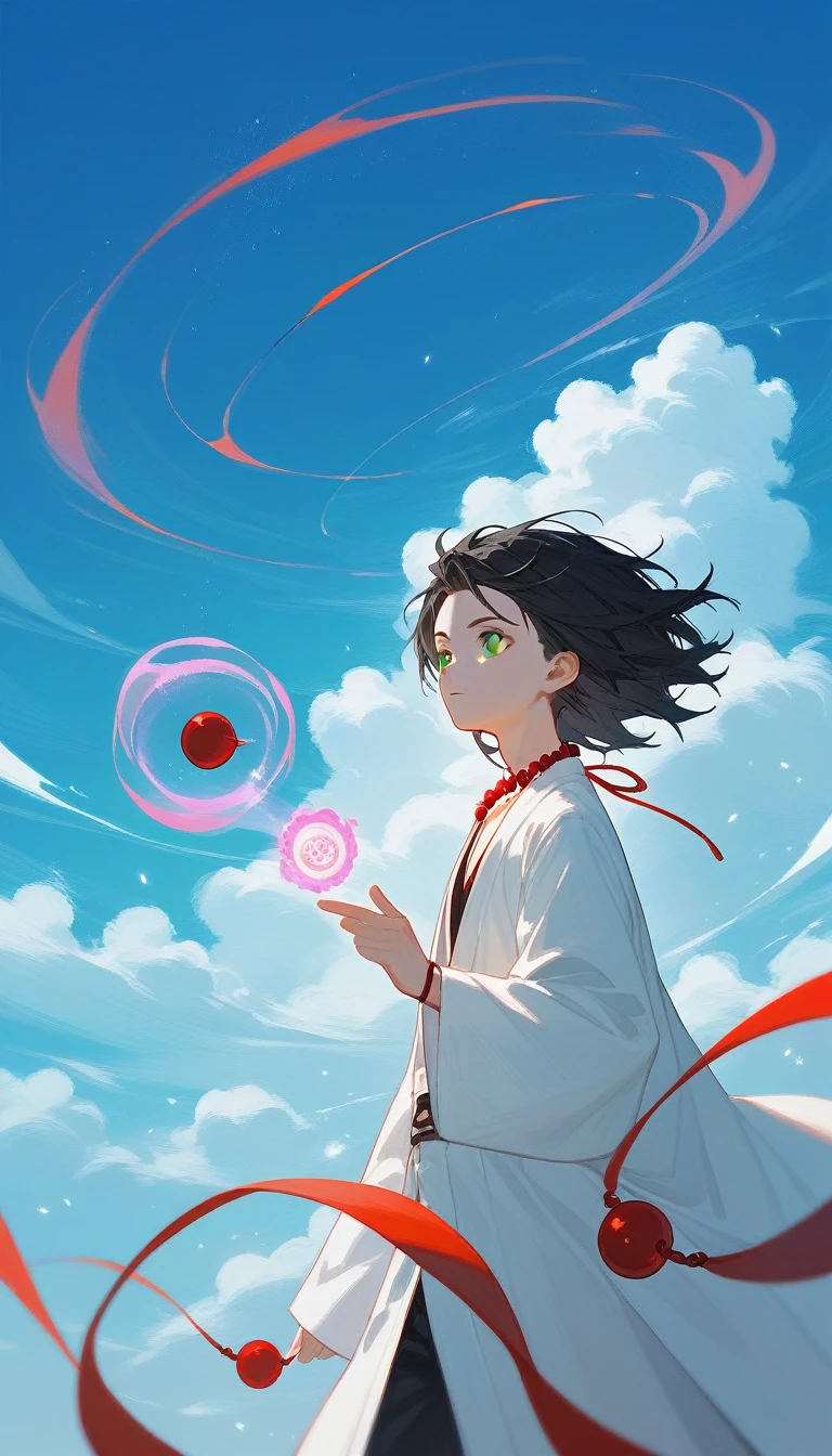 score_9_up,score_8_up,1boy, Black Hair, green eyes, medium hair, bangs, (forehead:0.6), wind, white kimono, high nexk halter top, red beads, ((necklace)), clouds, outdoors, (((magic)))
