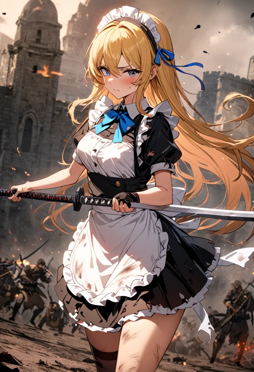 (8k, super high quality, masterpiece), (detailed), One Woman, Small breasts, Blonde, cute, Slightly longer length, Blue ribbon, Apron dress, Maid clothes, Slash with a two-handed sword, Western design sword, Perfect Stance, Burning Battlefield, Castle Defense, My whole body is dirty., Torn clothing, A strong enemy in front of me, Deadly Combat, Intense Combat, Quite dirty, Scorched, injury, Blood