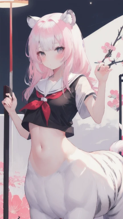 (best quality, masterpiece), 1 girl, centaur, I beg, White skin, Japanese schoolgirl,daughter,black pink, exposing the abdomen, belly button t-shirt , beautiful girl perfect, White tiger photo, 완벽한 White tiger photo