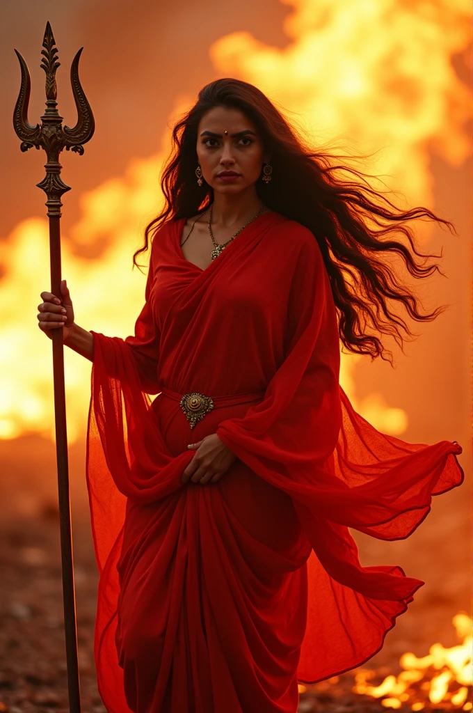 A 24-year-old woman wearing a red patiyala shut that covers her fully arms and body, with her dupatta flowing in the air and her long hair blowing in the wind, embodying the form of Durga. She holds Maa Durga's trident (Trishul) in her hand, appearing extremely powerful. The woman resembles Maa Durga, with a very angry face, and she is filled with intense very anger. She is surrounded by lava and tall flames.