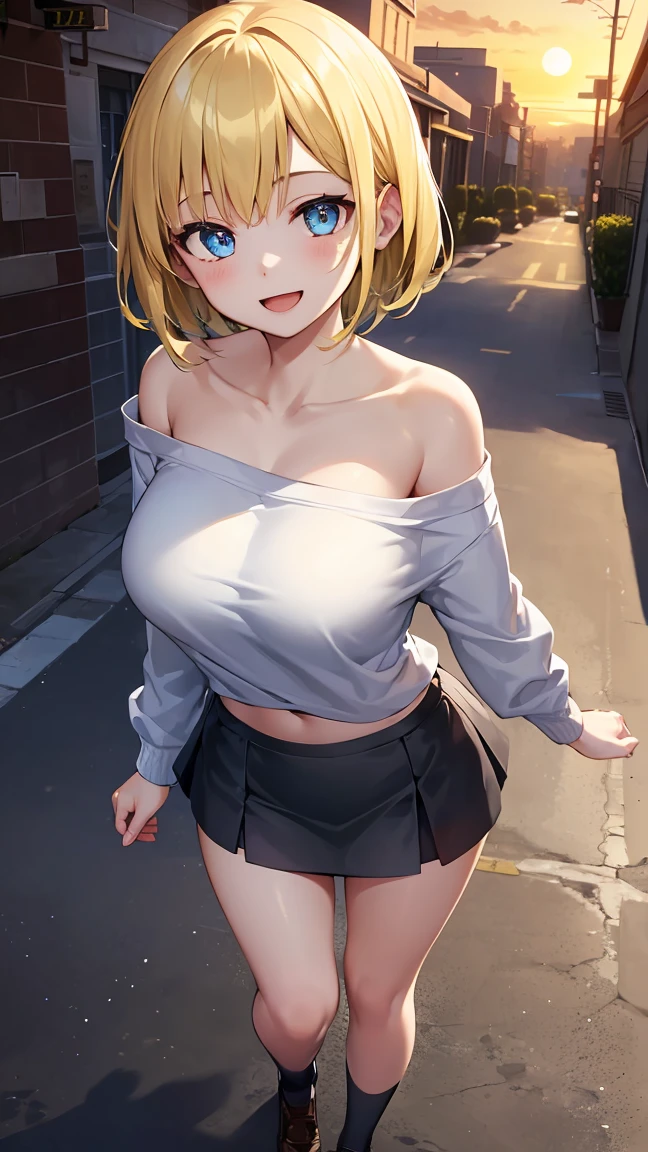 sunset, (looking at viewer:1.8), (young girl, :1.5), (breasts:1).high resolution, extremely detailed CG, unity 8k wallpaper, super detailed skin, perfect anatomy, detailed, cinematic lighting, dynamic lighting, beautiful detailed eyes. (walk:1.5), (cityscape), gigantic breasts.
(off shoulder, mini skirt:1.5), her hair is short and black、Your smile is wonderful and open mouth. The skin is radiant.