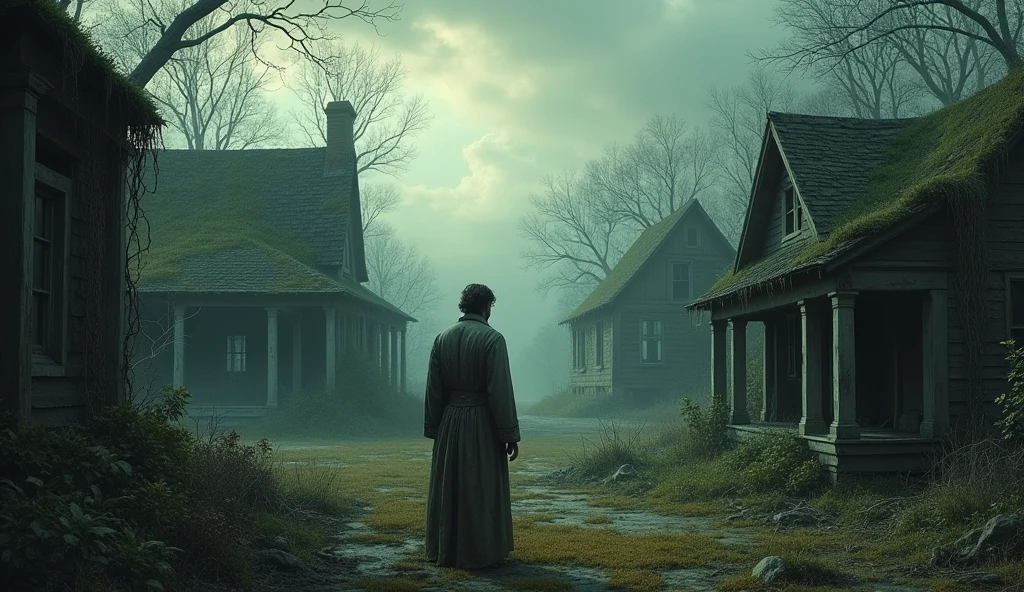 : A haunting image of the Roanoke settlement, eerily abandoned with overgrown vegetation, empty structures, and a feeling of desolation, with John White standing alone in disbelief.